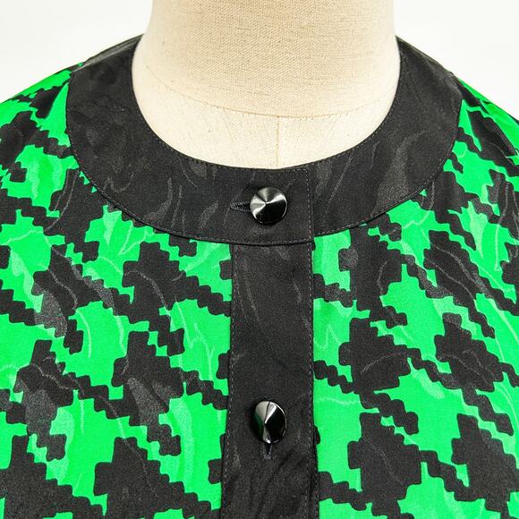 90s Jaymee Papell Black Green Satin Houndstooth Jacket Blazer - Picture 2 of 6